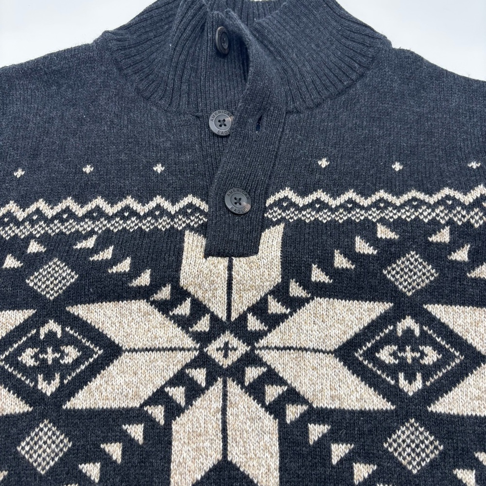 AMERICAN EAGLE Men's Black/Tan
Fair Isle Pullover Sweater 1/4
Button Mock Neck